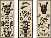 istock Rock and roll party flyers template. Vintage guitars, punk skull, rock and roll sign on grunge background. Vector illustration 808233588