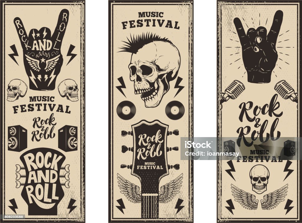 Rock and roll party flyers template. Vintage guitars, punk skull, rock and roll sign on grunge background. Vector illustration Rock Music stock vector