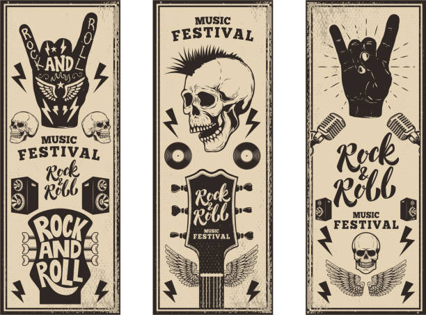 Rock and roll party flyers template. Vintage guitars, punk skull, rock and roll sign on grunge background. Vector illustration Rock and roll party flyers template. Vintage guitars, punk skull, rock and roll sign on grunge background. Vector illustration tattoo fonts stock illustrations
