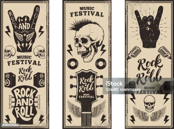 Rock And Roll Party Flyers Template Vintage Guitars Punk Skull Rock And Roll Sign On Grunge Background Vector Illustration Stock Illustration - Download Image Now