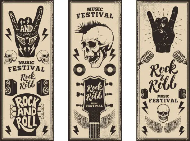 Vector illustration of Rock and roll party flyers template. Vintage guitars, punk skull, rock and roll sign on grunge background. Vector illustration