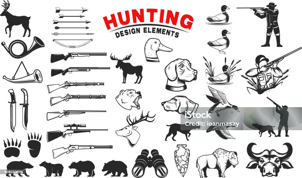 Set of hunting design elements. Hunting dogs, weapon, shooters silhouettes. Deer, bears, wild ducks. Design elements for emblem, sign, label, badge. Vector illustration Hunter stock vector