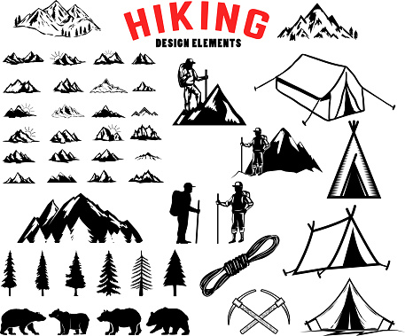 Set of hiking, outdoor, mountains design elements. Bears, trees, mountains, tents. Design elements for label, emblem, sign, poster. Vector illustration
