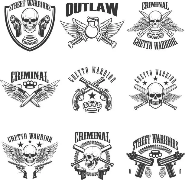 Vector illustration of Set of outlaw, criminal, street warrior emblems. Skulls with wings, guns and swords. Design elements for label, emblem, sign, poster, t-shirt. Vector illustration