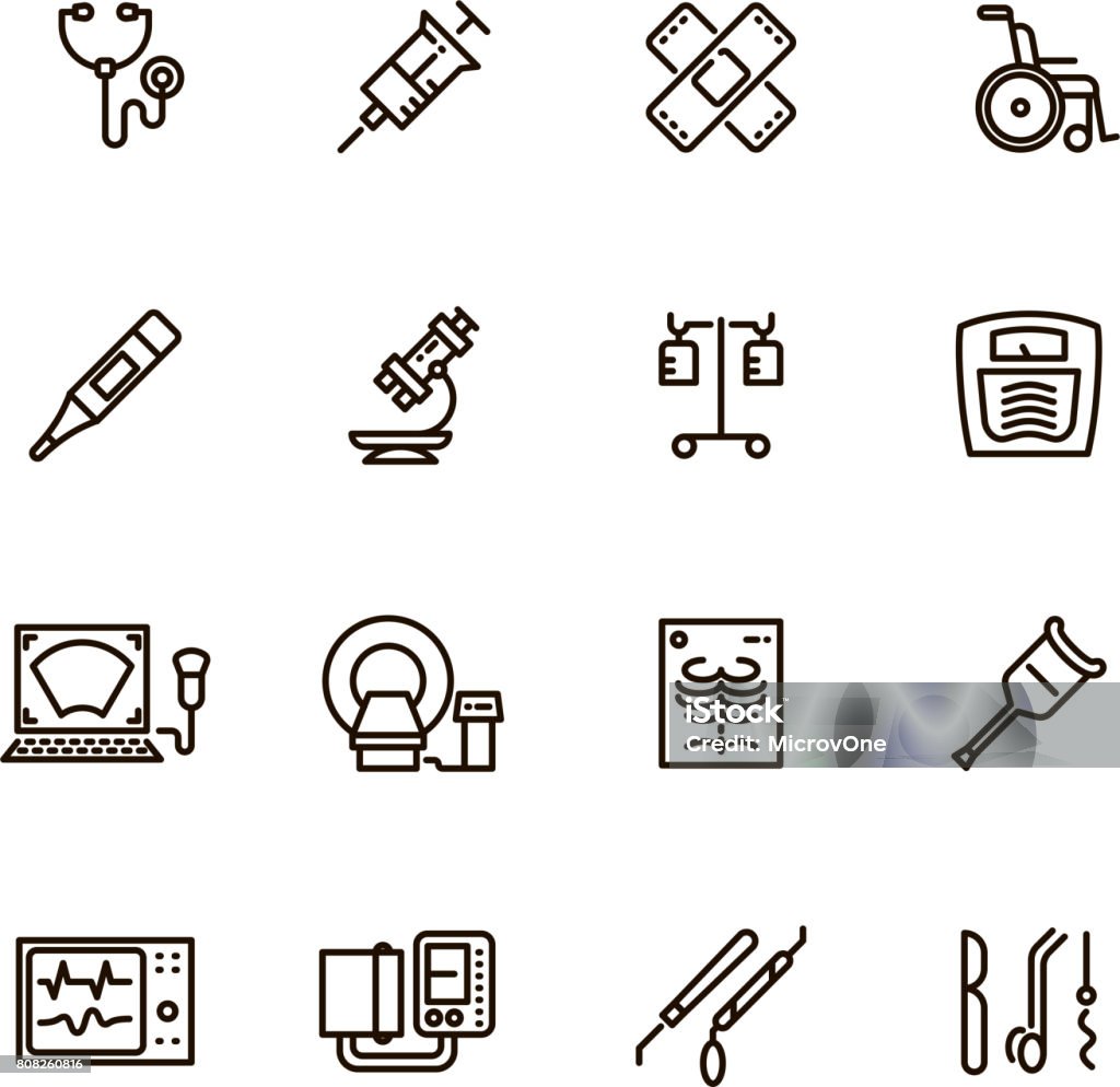 Healthcare medical equipment and hospital line vector icons Healthcare medical equipment and hospital line vector icons. Microscope and syringe, dropper and x-ray, thermometer and ultrasound medical equipment illustration Icon Symbol stock vector