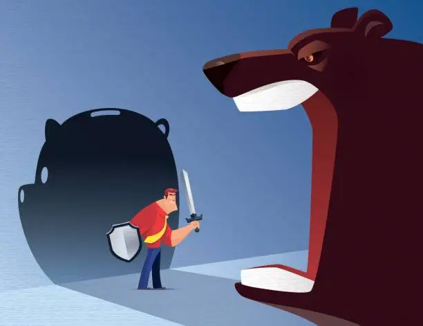 Vector illustration of armed businessman defending roaring bear