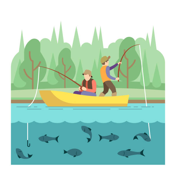 ilustrações de stock, clip art, desenhos animados e ícones de outdoor summer activities. fishing sport vector concept - peixe ilustrações