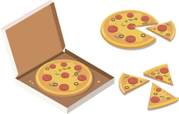 izometryczna pizza w otwartym tekturowym pudełku, smaczna cała pizza, plasterki. - carton horizontal portion part of stock illustrations