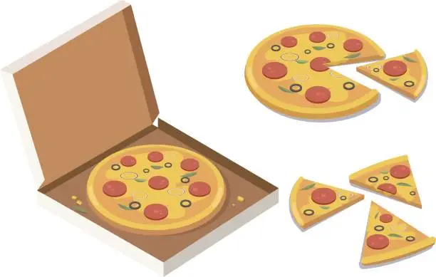 Vector illustration of Isometric Pizza in the opened cardboard box, tasty whole pizza, slices.