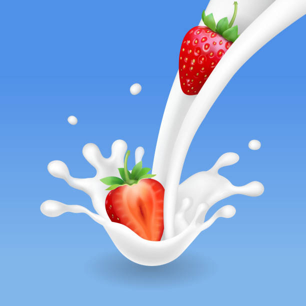 ilustrações de stock, clip art, desenhos animados e ícones de strawberry and milk pouring with splash fruit in yogurt or milkshake vector realistic illustration - dairy farm liquid food and drink splashing