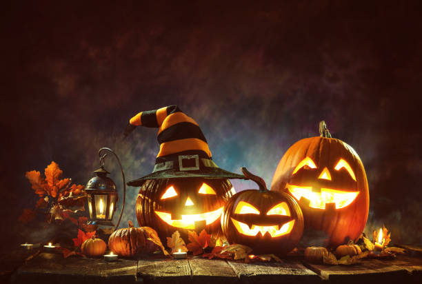Halloween Pumpkins Halloween pumpkin head jack lantern with burning candles gourd stock pictures, royalty-free photos & images