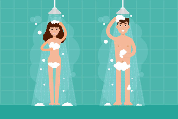 ilustrações, clipart, desenhos animados e ícones de homem e mulher ducha no banheiro. ilustração vetorial de personagem em estilo simples. - shower human face men wet