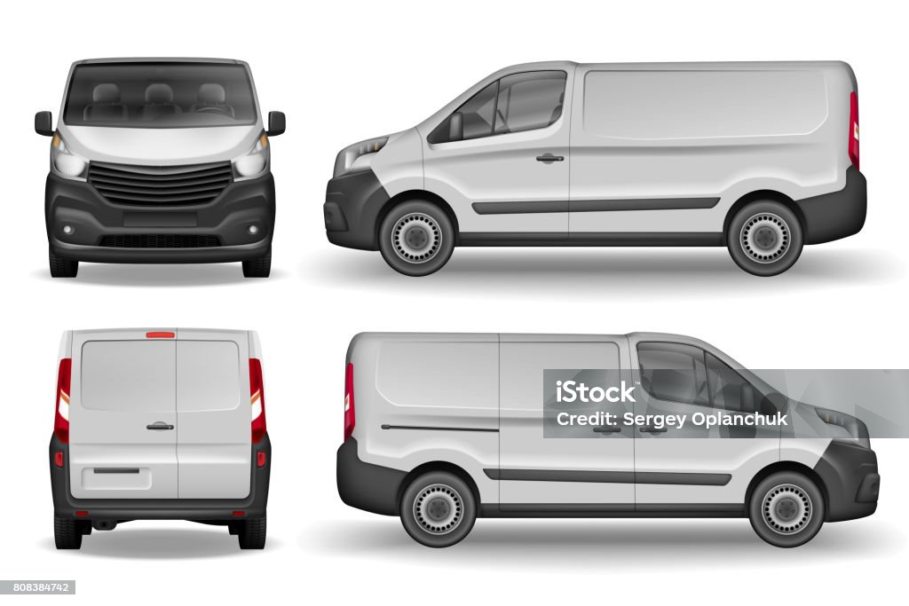 Fracht Fahrzeug vorne, seitlich und hinten anzeigen. Silber Mini-Lieferwagen isoliert. Lieferung Van Mockup für Werbung und Corporate Transport. Vektor-Illustration realistisches Auto - Lizenzfrei Lieferwagen Vektorgrafik