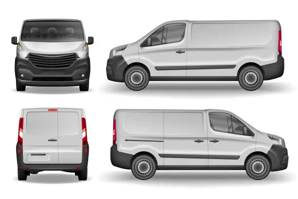 Vector illustration of Cargo vehicle front, side and rear view. Silver delivery mini van isolated. Delivery Van Mockup for Advertising and Corporate transport. Vector illustration of Realistic car