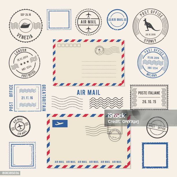 Vector Illustrations Of Letters And Postmarks Airmail Designs Antique Stamps Stock Illustration - Download Image Now