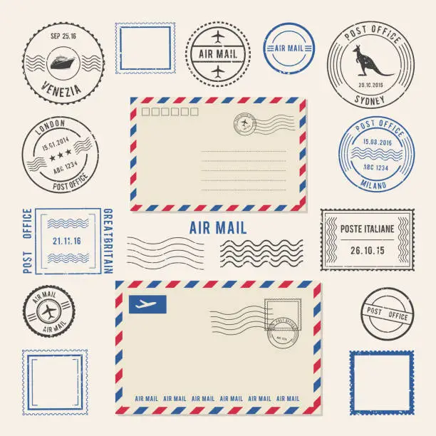 Vector illustration of Vector illustrations of letters and postmarks, airmail designs. Antique stamps
