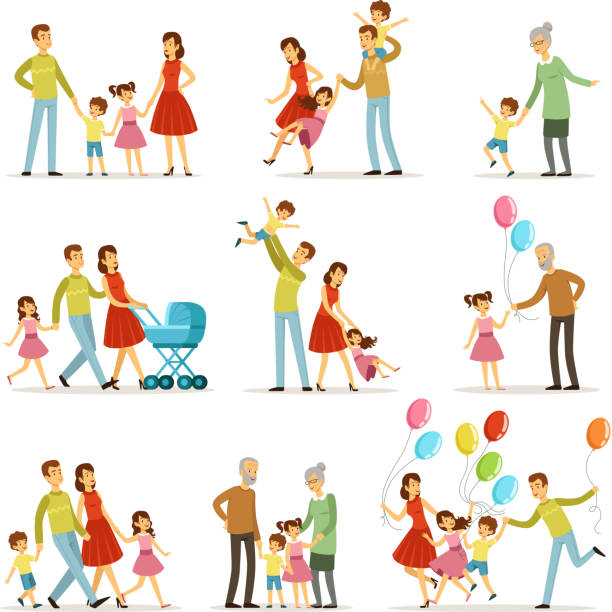 Big happy family with mother, father, grandmother and grandfather. Two smiling kids. Vector characters set in cartoon style Big happy family with mother, father, grandmother and grandfather. Two smiling kids. Vector characters together happy family illustration family fun stock illustrations