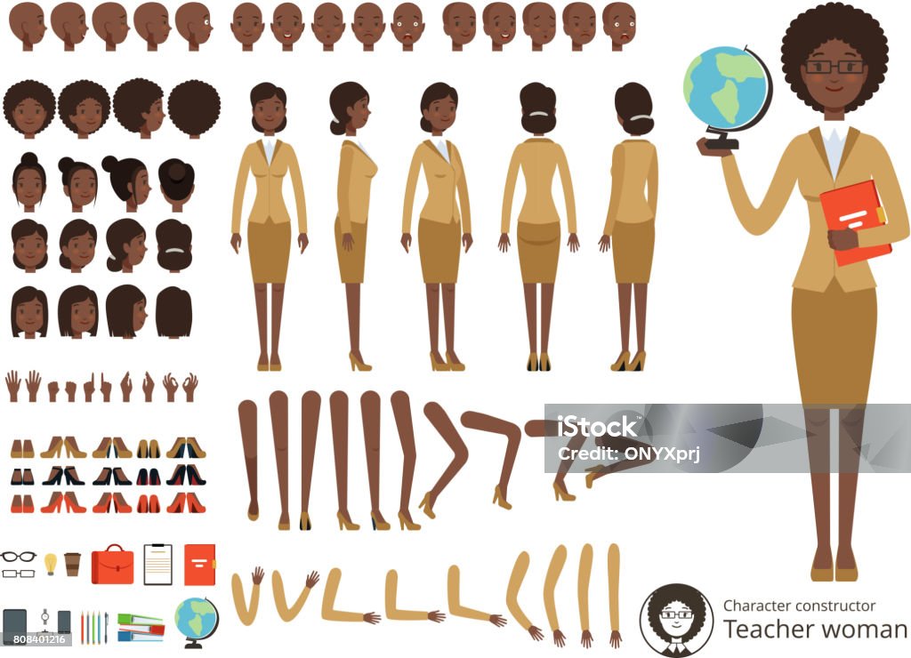 Vector constructor of female character. Afroamerican teacher pointing. Vector different body parts and elements set Vector constructor of female character. Afroamerican teacher pointing. Vector different body parts and elements set. Teacher constructor body parts illustration Characters stock vector