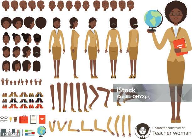 Vector Constructor Of Female Character Afroamerican Teacher Pointing Vector Different Body Parts And Elements Set Stock Illustration - Download Image Now