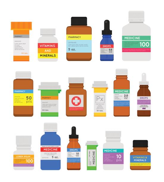 медицина бутылки плоский набор - drug label stock illustrations