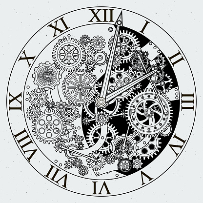 Watch parts. Clock mechanism with cogwheels. Vector illustrations. Gear of clock with cogwheel mechanism