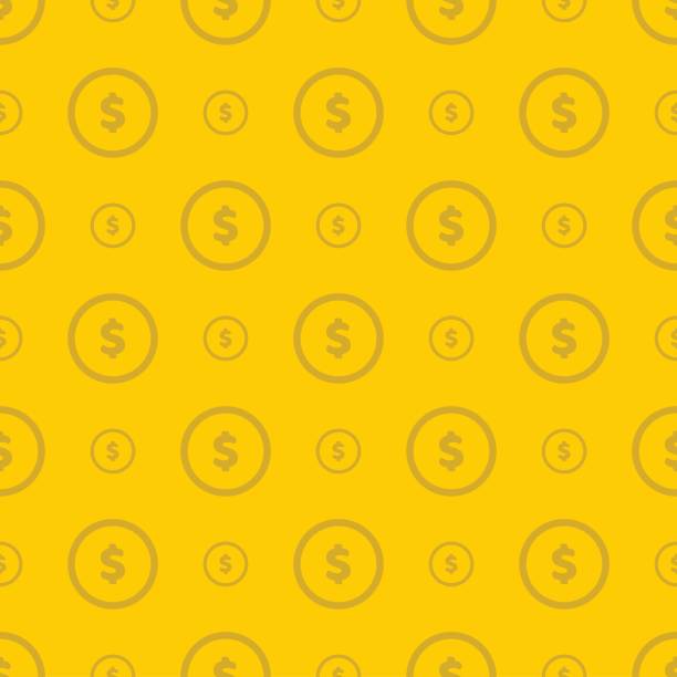 Seamless texture with dolar coins flat style pattern Seamless texture with golden coins flat style pattern. Money icons with USA currency symbols. dollar sign stock illustrations