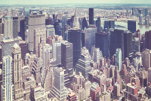 Retro old film stylized aerial picture of Manhattan, New York City, USA.