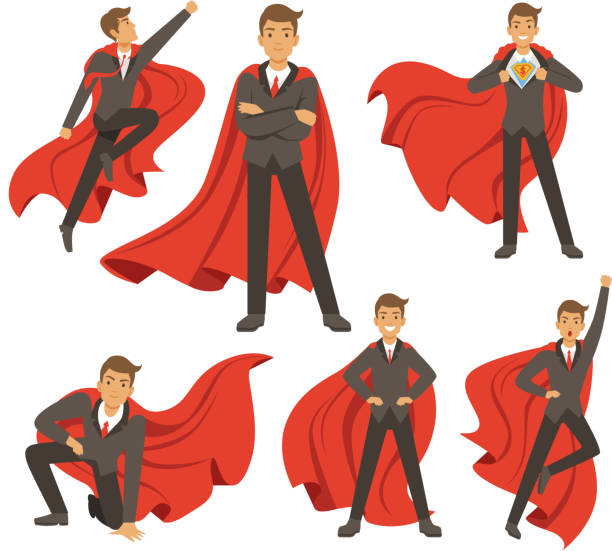 ilustrações de stock, clip art, desenhos animados e ícones de powerful businessman in different action superhero poses. vector illustrations in cartoon style - superhero humor men cape