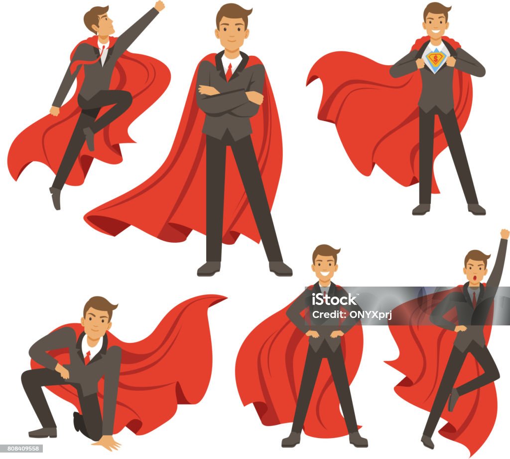 Powerful businessman in different action superhero poses. Vector illustrations in cartoon style Powerful businessman in different action superhero poses. Vector illustrations in cartoon style. Power male in costume superhero, businessman standing Superhero stock vector