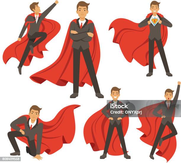 Powerful Businessman In Different Action Superhero Poses Vector Illustrations In Cartoon Style Stock Illustration - Download Image Now