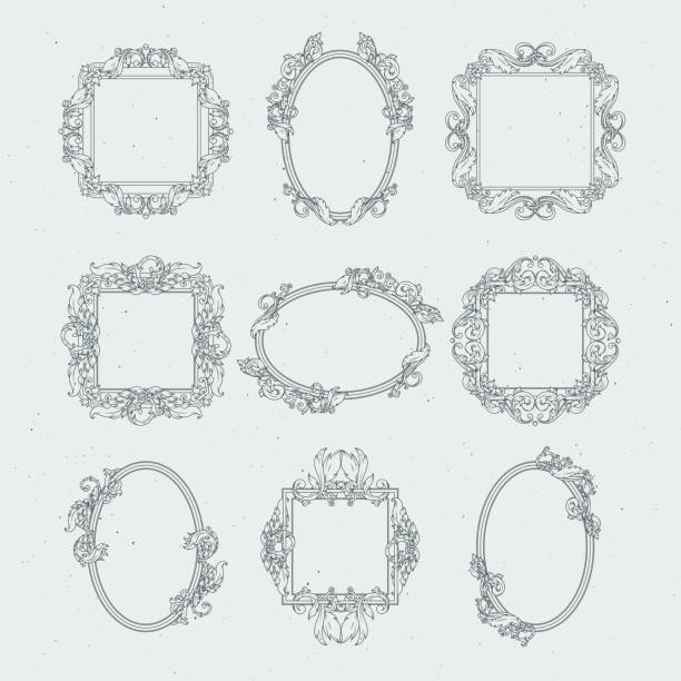 Antique victorian picture frames. Vector set in baroque style Antique victorian picture frames. Vector set in baroque style. Victorian frame decoration classical style for gallery illustration ellipse photos stock illustrations