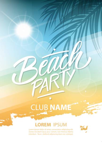 beach party poster mit hand-schriftzug und palm verlässt. - beach party stock-grafiken, -clipart, -cartoons und -symbole