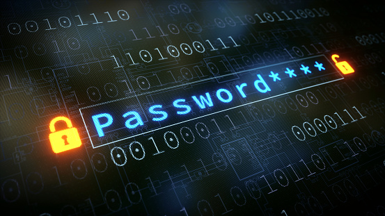 Close up on a password input field on a surface with binary numbers, a blueprint schematics and two padlocks on each side.
