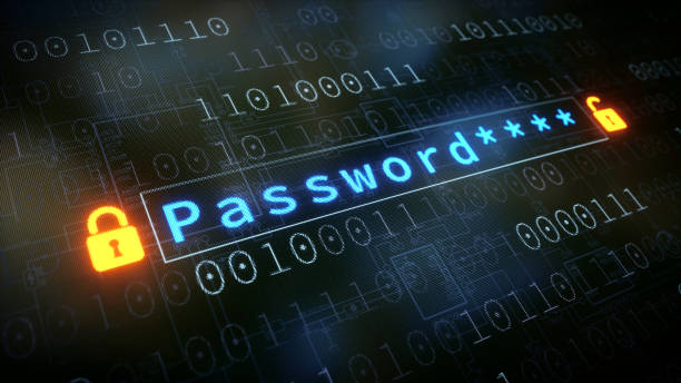 Password Input Field With Padlock Close up on a password input field on a surface with binary numbers, a blueprint schematics and two padlocks on each side. password photos stock pictures, royalty-free photos & images
