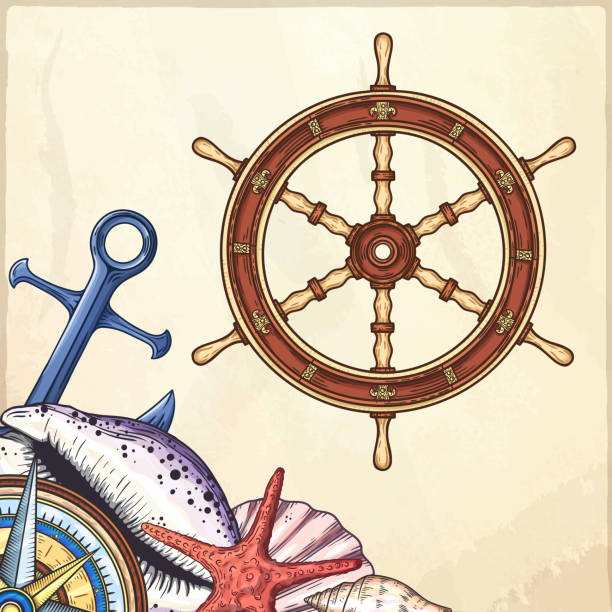 ручная нарисованная колесная стрижка корабля. - color image colored background nautical vessel sea stock illustrations