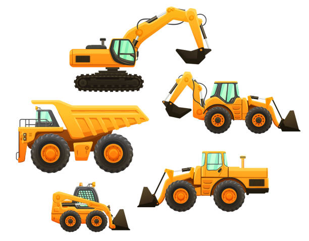 illustrazioni stock, clip art, cartoni animati e icone di tendenza di set isolato del vettore dell'attrezzatura da costruzione. - earth mover bulldozer construction scoop