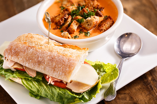 Deli Sandwich and Tomato Soup with Croutons