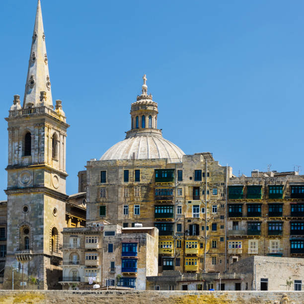 View at dome of Our Lady of Mount Carmel church and St Paul's Cathedral in Valletta, Malta