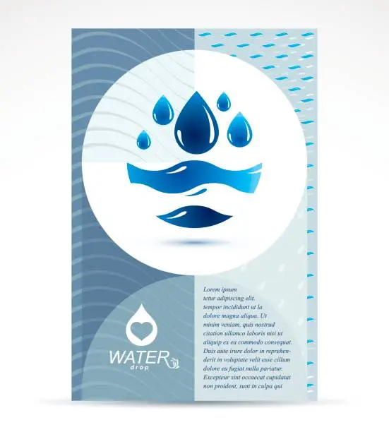 Vector illustration of Water filtration theme booklet cover design, front page for use in mineral water advertising. Sea wave splash vector idea.