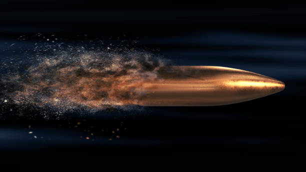 istock Flying bullet with a dust trail on a dark background 3d illustration 808551572