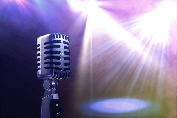 istock Old retro microphone with stage lighting background 3d illustration 808551760