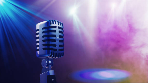 istock Old retro microphone with stage lighting background 3d illustration 808551774