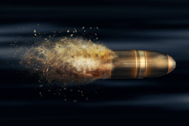 istock Flying bullet with a dust trail on a dark background 3d illustration 808552572