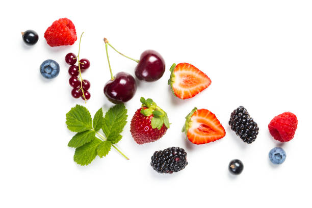 fresh berries on white background - currant red isolated fruit imagens e fotografias de stock