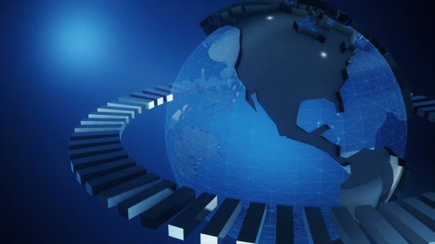 istock Blue earth technology, business and communications background. Earth globe rotating with plexus particles around. Room for your text and logo. 3d illustration 808561842