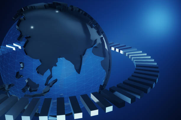 istock Blue earth technology, business and communications background. Earth globe rotating with plexus particles around. Room for your text and logo. 3d illustration 808561878