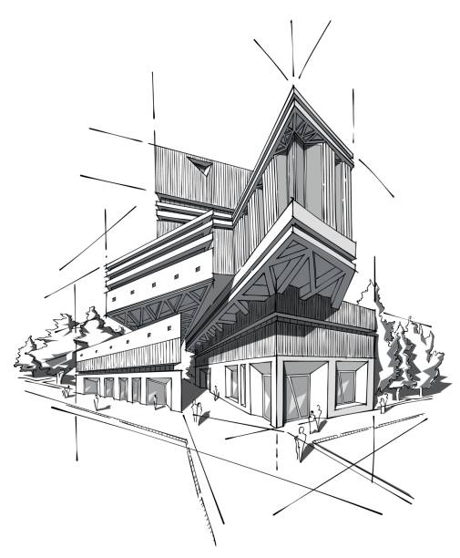 Architettura in bianco e nero disegnata a mano - illustrazione arte vettoriale