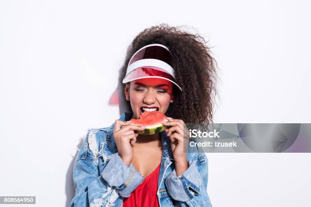 80s Style Young Summer Woman Eating Watermelon Stock Photo - Download Image Now - Watermelon, Women, 20-24 Years