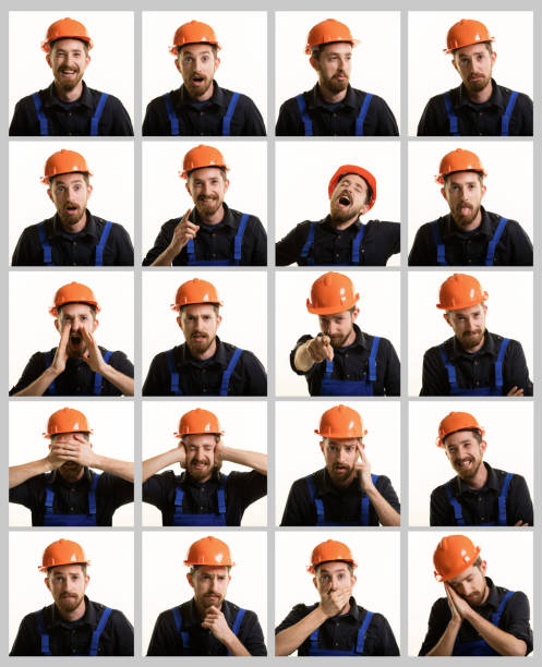 construction worker multiple image. - humor asking nerd men imagens e fotografias de stock