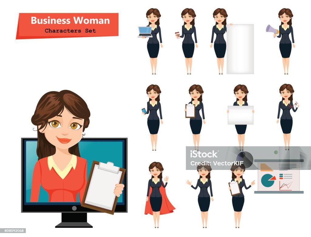 Businesswoman with various things. Set of cute cartoon character. Vector illustration isolated on white background Avatar stock vector